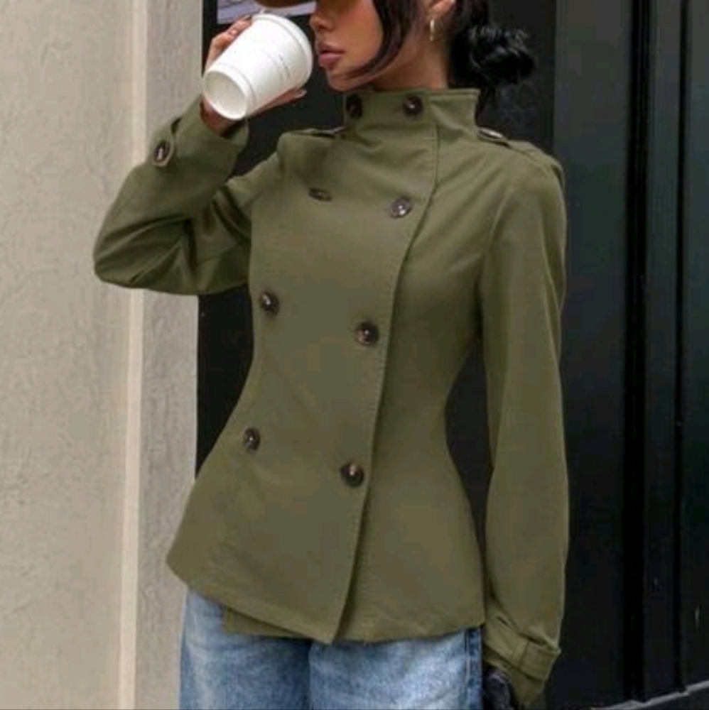 Women's Woven Solid Color Long Sleeve Double-Breasted Casual Trench Coat - Picture 3 of 5